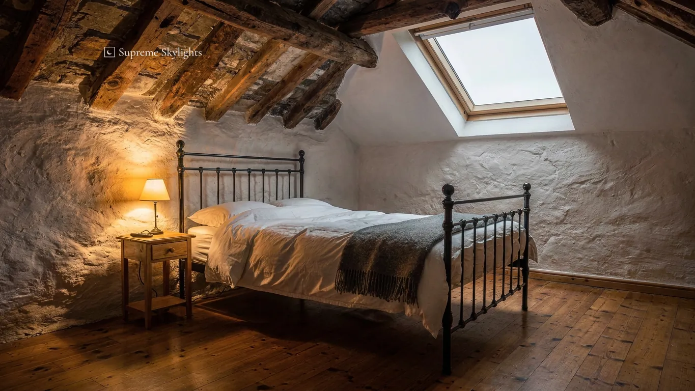 The same attic bedroom by day, daylight through the rooflight beside the iron bed