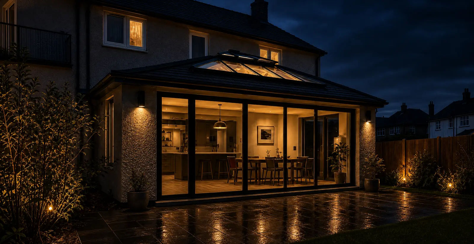 A rendered semi at night, a roof lantern over its kitchen extension and the dining room lit warm below it, the patio wet