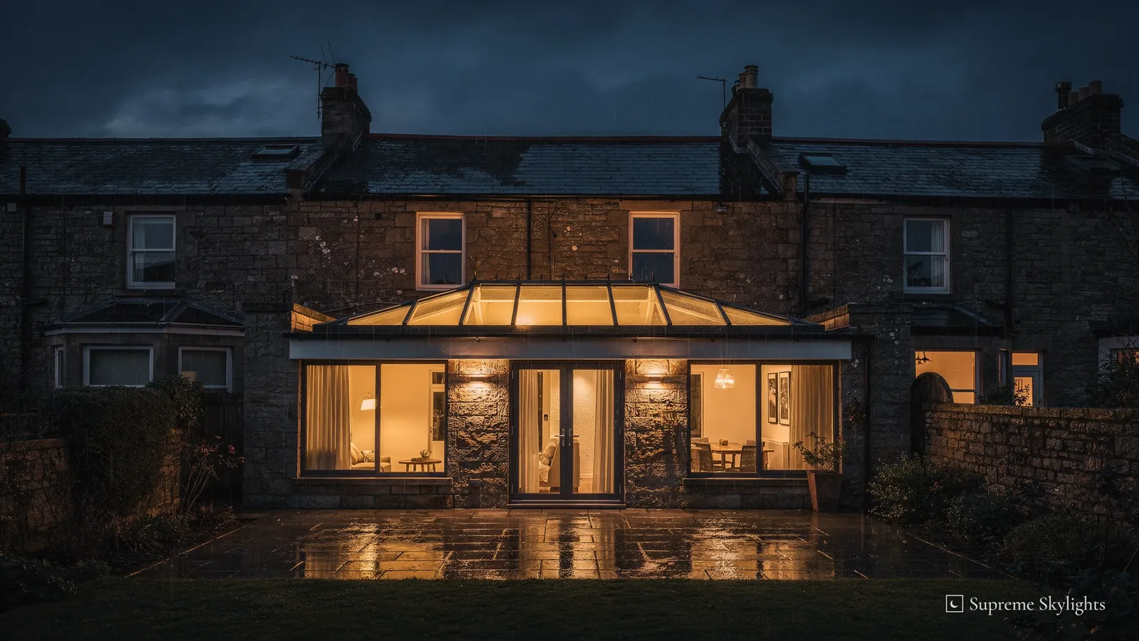 The lamp-lit rear extension of a stone terrace at night, a roof lantern over glazed doors and a wet patio