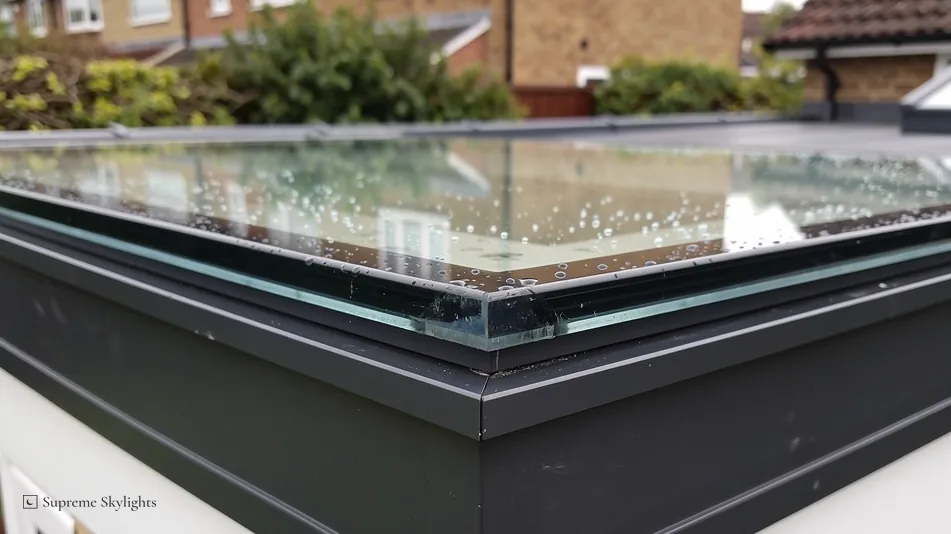 Close view of a frameless rooflight edge with rain beaded on the glass