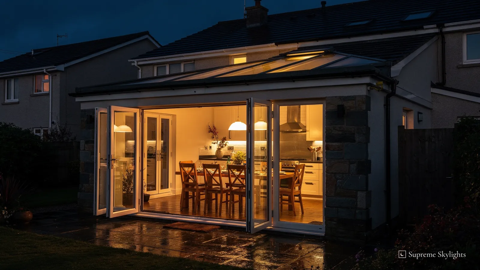 A lamp-lit kitchen extension at night seen through open glazed doors, a roof lantern above the table