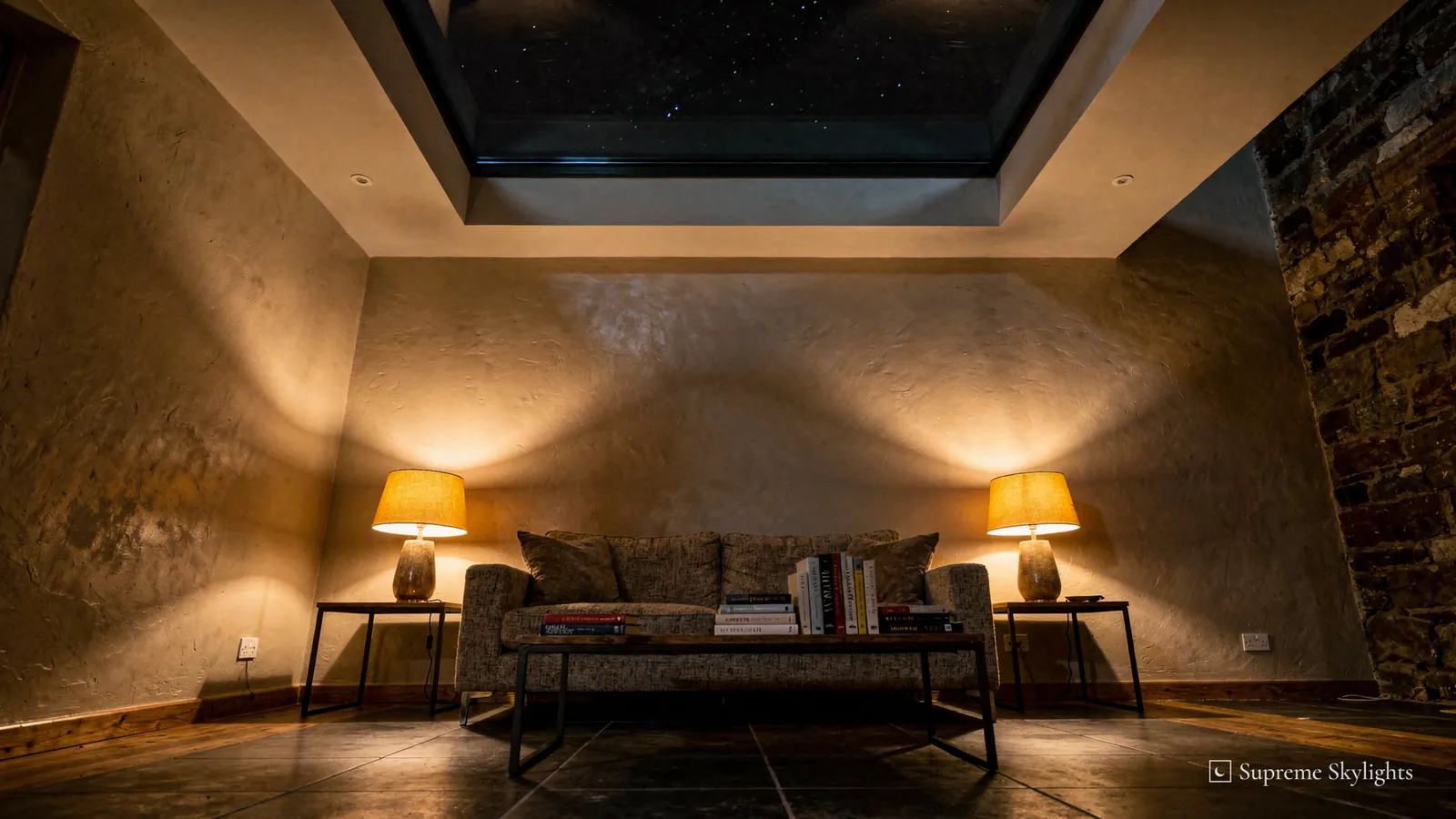 A sitting room at night under a large flat rooflight with a few stars in the black glass, two lamps lit