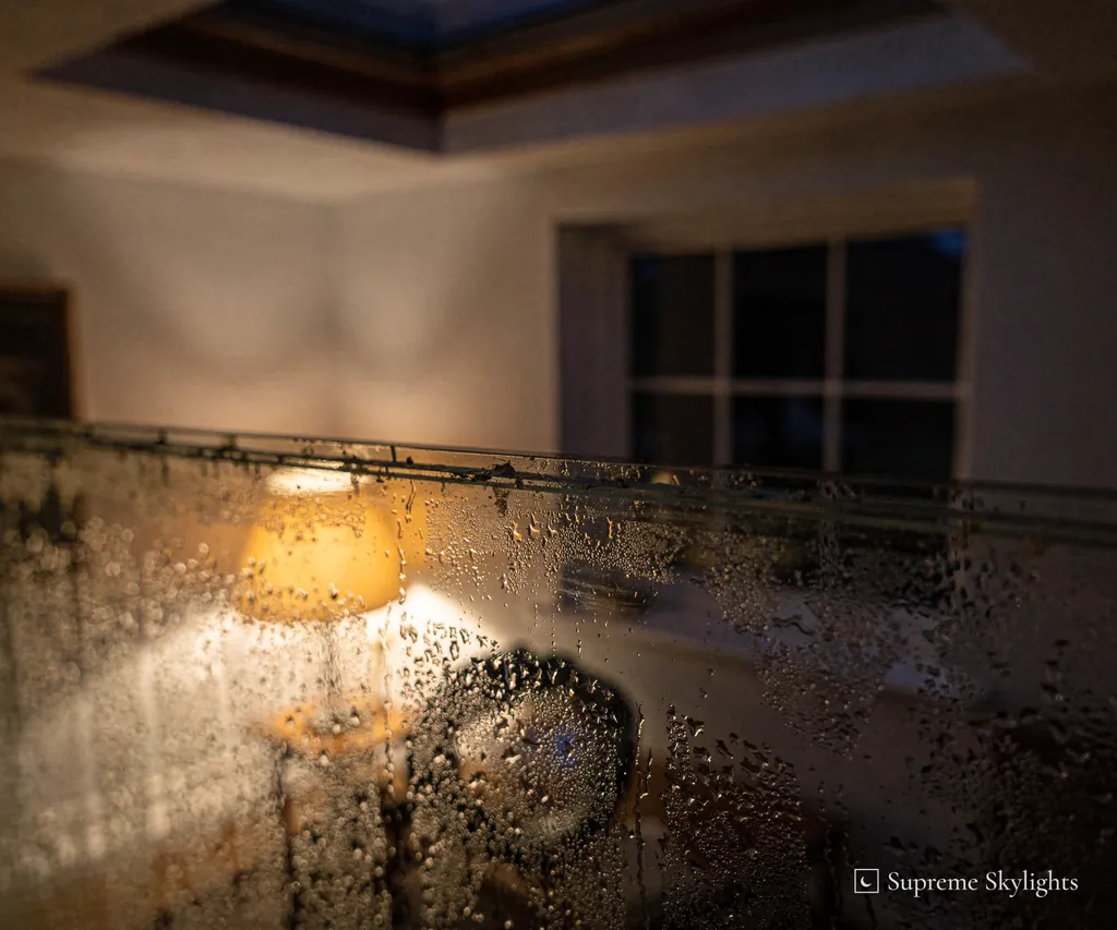Close view of condensation beaded on glass at night, a lamp blurred behind the droplets