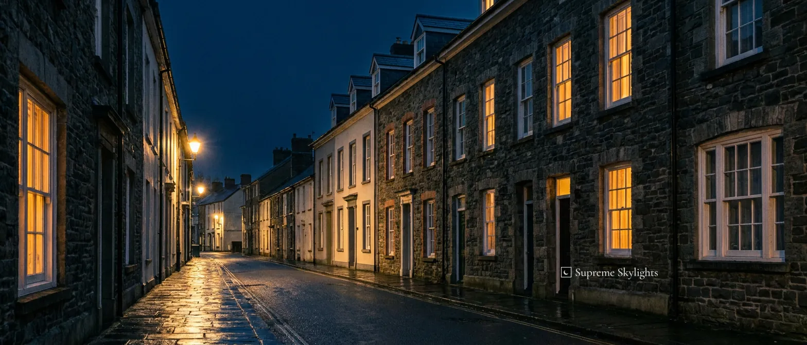 A narrow town street of stone and rendered Georgian houses at night, sash windows lit and the pavement wet